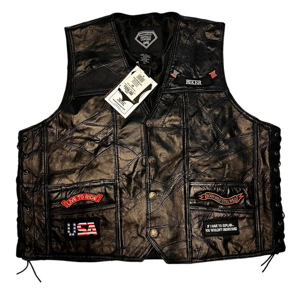 Diamond Plate Men's Buffalo Leather Black Motorcycle Biker Vest Sz 4X Americana - Picture 1 of 9